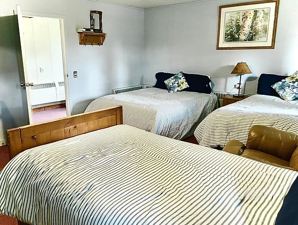 A view of one of the rooms at the Alder Inn. It has three beds.