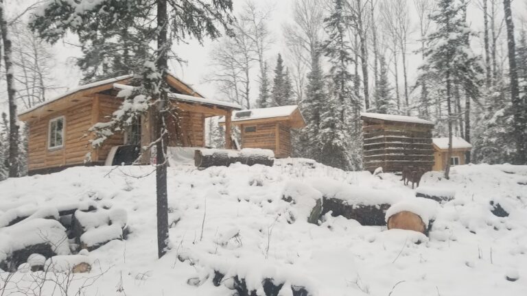 An outside view of the Bucksnort cabin during the winter.