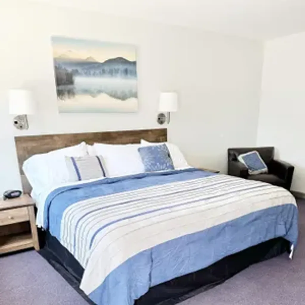 One of the single bed rooms at Canoe on Inn. It has the bed, a night stand, a chair, and lamps.