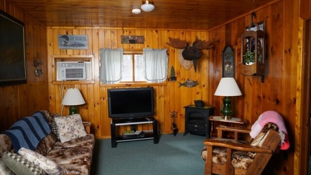 A view of the relaxing area in the Cedar cabin at Shagawa Beach Cabins. It has a couch, chair, television, and lamps.