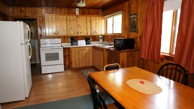 The kitchen in the Spruce cabin at Shagawa Beach Cabins. It has a refrigerator, stove, oven, and microwave.