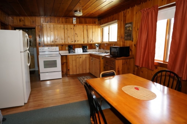 The kitchen in the Spruce cabin at Shagawa Beach Cabins. It has a refrigerator, stove, oven, and microwave.