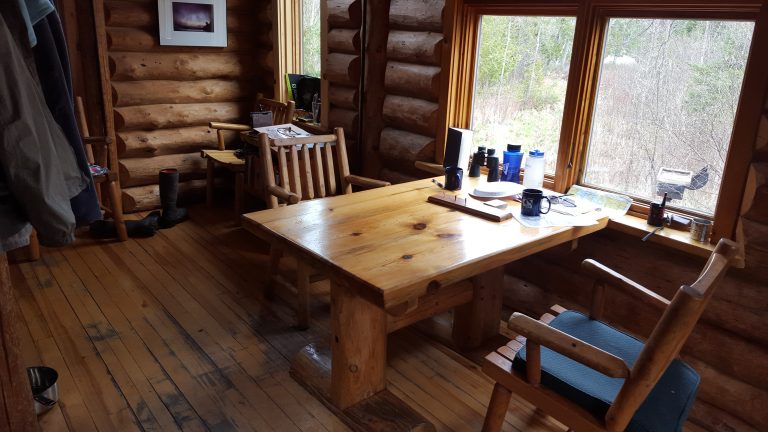 A look at the dining table in the Triangle cabin. It has a table looking out at the forest.